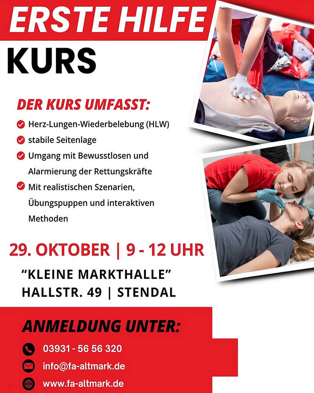 Grafischer Veranstaltungshinweis für Erste-Hilfe-Kurs in Stendal am 29. Oktober