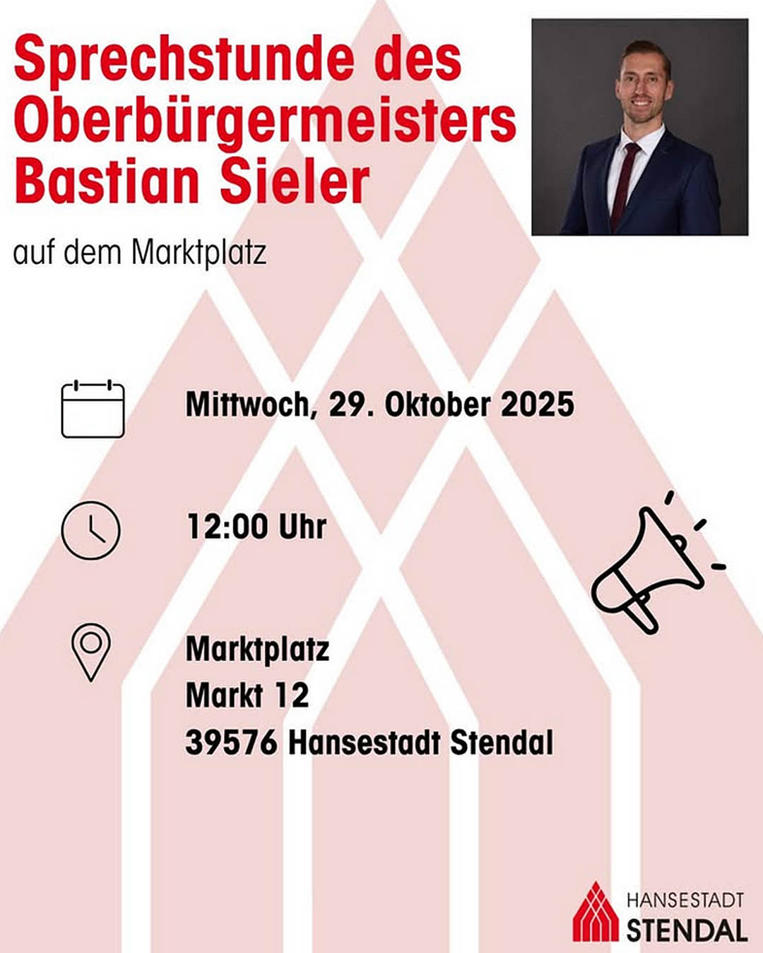 Grafischer Veranstaltungshinweis für Sprechstunde Oberbürgermeister Stendal in Borstel am 9. Oktober