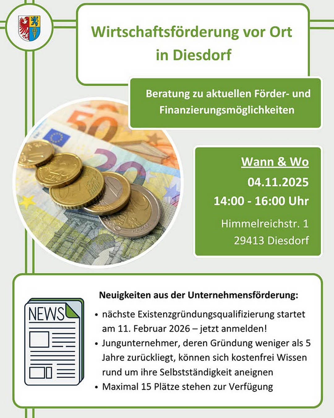 Grafischer Veranstaltungshinweis für Beratertag Wirtschaftsförderung des Altmarkkreises Salzwedel in Kalbe (Milde) am 14. Oktober