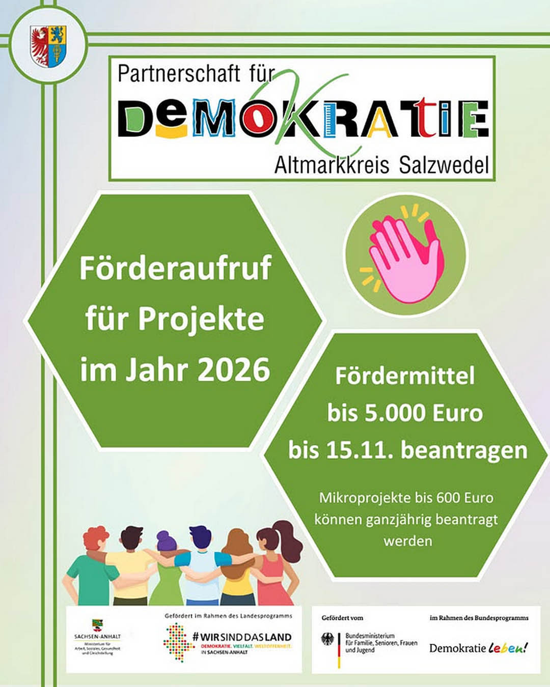 Grafischer Veranstaltungshinweis für Projektideen für ein demokratisches, vielfältiges und gewaltfreies Miteinander bis 15. November